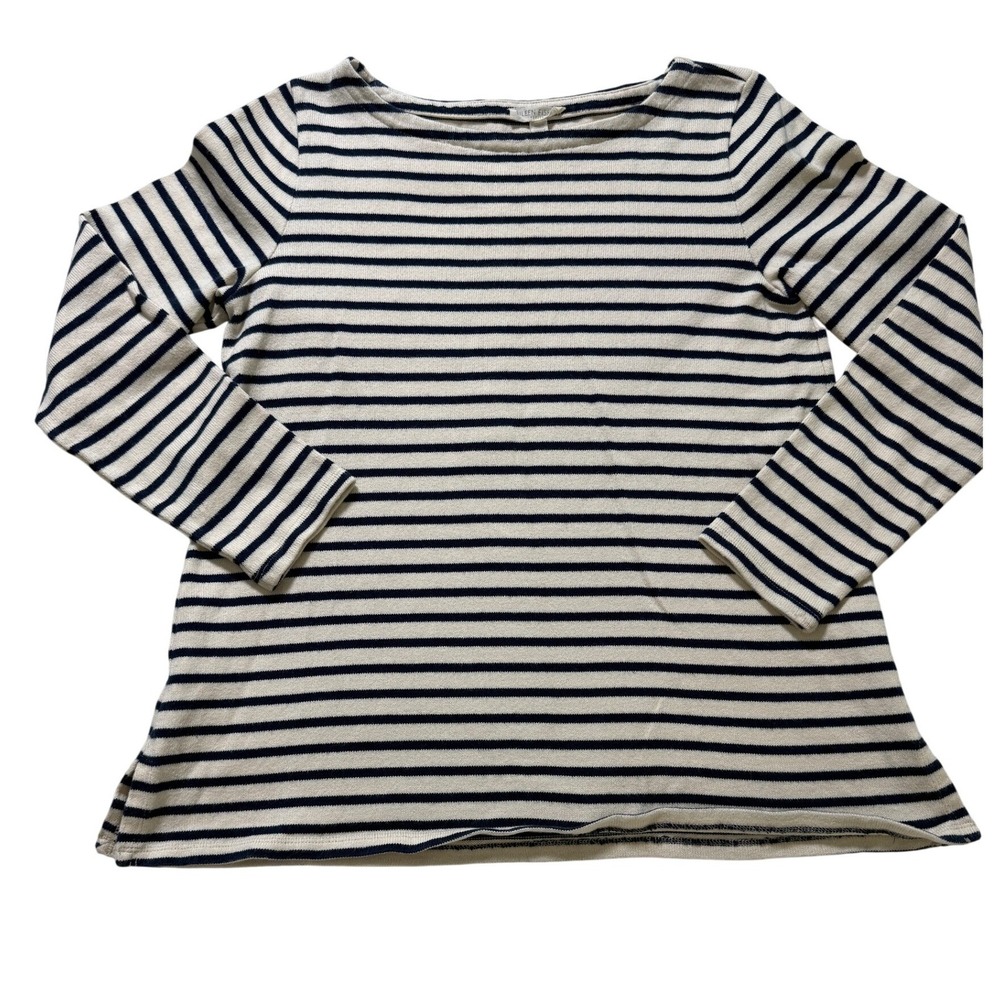 Eileen Fisher Striped Top Womens PS Cream Navy Organic Cotton Boat‎ Neck Shirt
